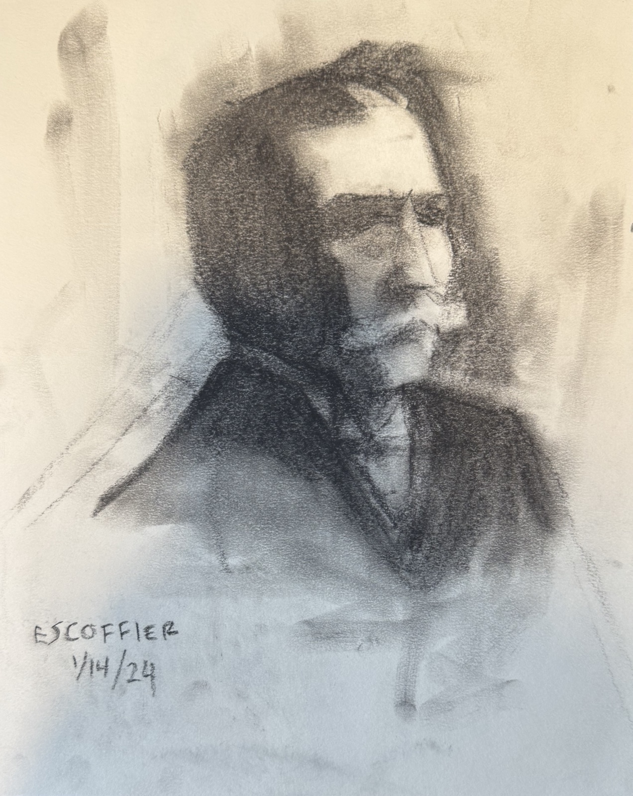 Bust of Auguste Escoffier. Charcoal