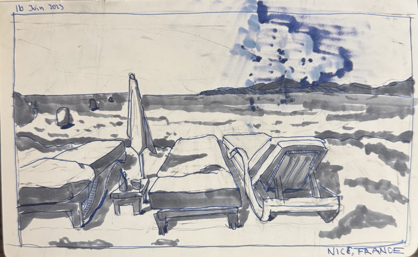 Beach in Nice, France. Blue pen + markers