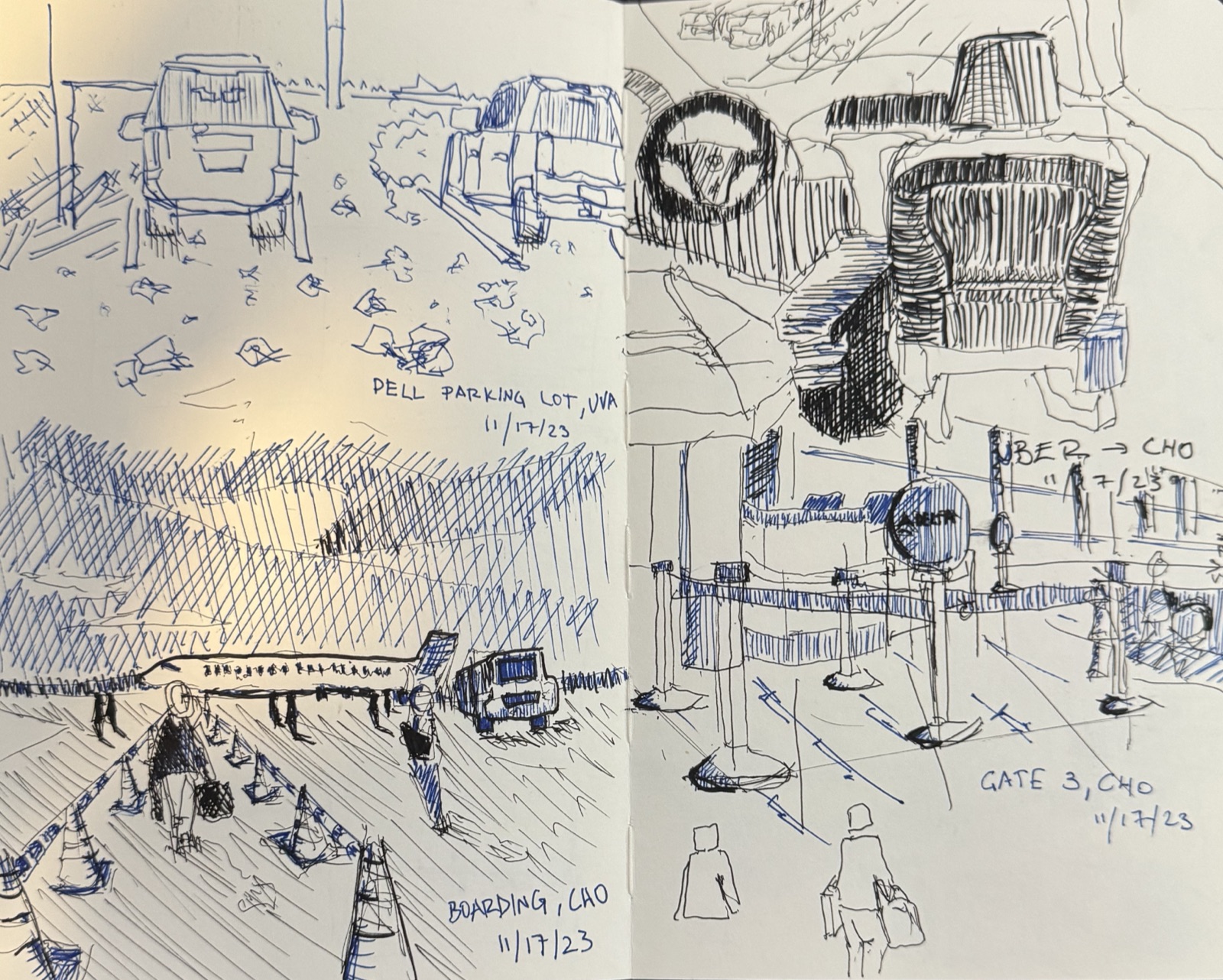 Pre-boarding sketches before Thanksgiving break. Blue + black pen