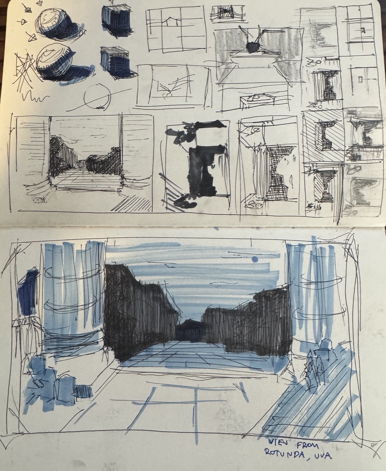 View from Rotunda, UVA. Black pen + markers.